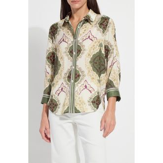 Lyss&eacute; Ishani Scarf Print Button-Up Satin Shirt in Placed Artful Scarf at Nordstrom, Size X-Small