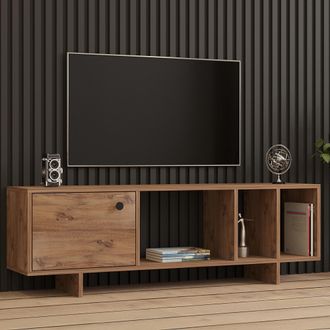 Dmora Mueble Tv Fumane, 4 Compartimentos, Una Puerta, Apertura Abatible, 140x29x45h Cm, Color Roble Marr&oacute;n