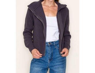Staccato Mock Neck Asymmetrical Collar Cardigan Jacket Sweater In Midnight