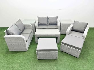 Fimous High Back Poly Rattan Garden Furniture Set w/ Reclining Chair Loveseat Sofa Oblong Coffee Table Indoor Outdoor Patio Set 2 Big Stool 2 Side