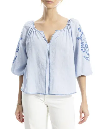 Max Studio Embroidered V-Neck Ballon Sleeve Blouse