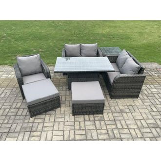 Fimous Fimous 7 Seater Rattan Furniture Garden Dining Set Outdoor Height Adjustable Rising lifting Table Love Sofa Chair With Side Table 2 Big Footstool