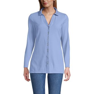 Lands End Long Sleeve Polished Rib Button Through Tunic Shirt in Light Sea Blue at Nordstrom, Size X-Small P