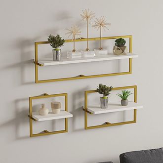 Dmora Estante Gerano, 3 Niveles, Set De 3, Estructura Color Oro, 80x20x30h Cm Blanco