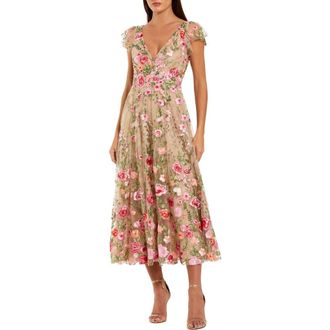 Mac Duggal Embroidered Cap Sleeve V Neck Ankle Dress in Nude Multi at Nordstrom, Size 14