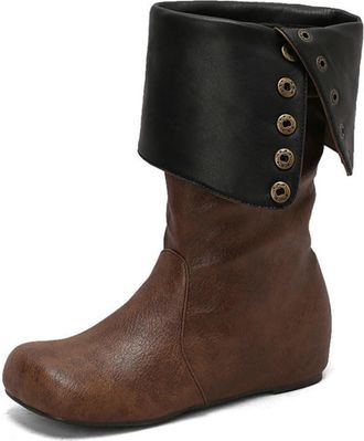 Generic Womens Wedge Heel Knee High Boot Round Toe PU Leather Long Boots Pull on Slouch Boot with Button,Brown2,10.5 UK