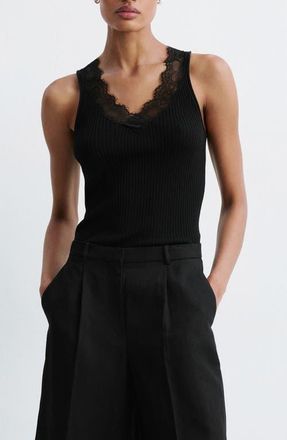 Mango Lace Trim Lyocell Tank in Black at Nordstrom, Size X-Small