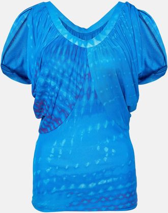 Roberto Cavalli Blue Printed Jersey Draped Sleeve Top