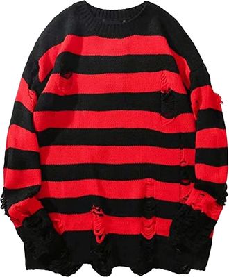 Generic Mens Oversized Striped Sweater Ripped Knit Pullover Gothic Punk Streetwear Loose Fit Jumpers Winter Tops Sweatershirts Red