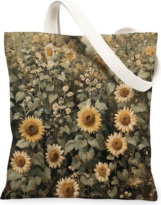 Generic Spring Aesthetic Sunflower Canvas Tote Bag for Shopping 13x15, Vintage Flower Garden Reusable Grocery Print Pattern Bag for Women, Floral Wildflower B