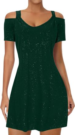 Generic Women Sequin Mini Dress Off The Shoulder V Neck Spaghetti Evening Dress Short Sleeve Elegant Party Dress Sexy Wrap Cocktail Short Dress Clubbing Prom 