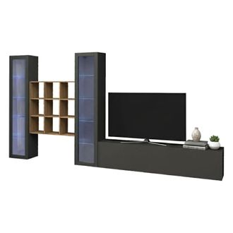 Dmora Dmora - Pared Equipada Dchiorr, Conjunto De Sal&oacute;n Mueble De Tv Con 3 Puertas, Mueble De Sal&oacute;n Polivalente Con Vitrina Y Luz Led, 100% Made In Italy, C
