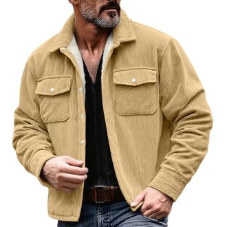 Generic Shacket Mens Sherpa Fleece Lined Corduroy Jacket Men Trucker Button up Thermal Warm Winter Coat Vintage Work Casual Cargo Jackets Khaki