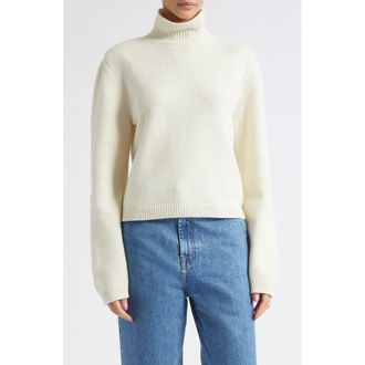 R&oacute;he Statement Shoulder Wool & Cashmere Crop Turtleneck Sweater in Off White at Nordstrom, Size 42