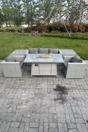 Fimous Light Grey Corner Rattan Garden Furniture Set Gas Fire Pit Heater Burner Lounge Sofa