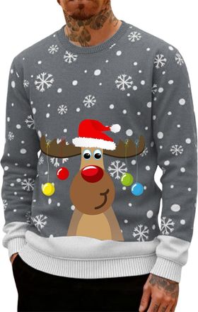 Generic Christmas Jumpers for Men UK Funny Ugly Reindeer Print 3D Graphic Tops Oversized Novelty Xmas Sweatshirt Crew Neck Long Sleeve Pullover Sweater Mens H