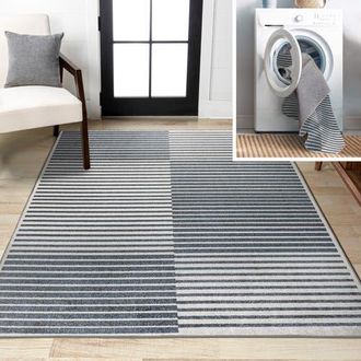 Jonathan Y Designs Shutter Minimalist Striped Plaid Machine-Washable Area Rug in Dark Gray/cream at Nordstrom, Size 3Ft 0In X 5Ft 0In