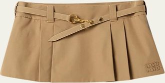 Miu Miu Belted Pleated Cotton Gabardine Mini Skirt