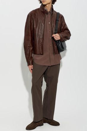 Christophe Lemaire Leather Jacket With A Stand-up Collar, Mens, Burgundy
