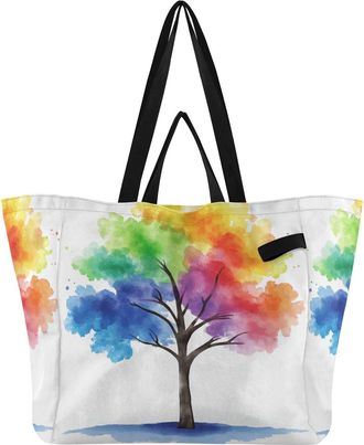 Generic Rainbow Tree pattern Reusable Canvas Tote Bag, Heavy Duty Grocery Shopping Bag with Large Capacity Double Handles Hard Bottom Work Groceries Travel