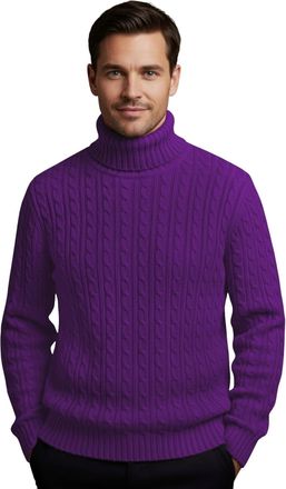 Janisramone Mens High Polo Roll Neck Jumper Long Sleeve Cable Knitted Casual Winter Sweater Pullover Purple