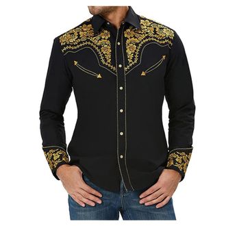 Generic Mens Casual Shirt Embroidered Long-Sleeved Work Shirt Button Down Slim Fit Wester Cowboy Shirt
