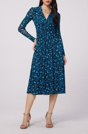 Diane Von F&uuml;rstenberg Burton Floral Print Long Sleeve Mesh Midi Dress in Fleetwood Folk Blue Lg at Nordstrom Rack, Size Xx-Small
