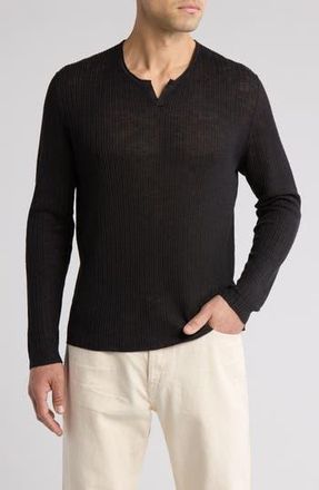 John Varvatos Egor Notch Neck Long Sleeve Rib Linen Blend Henley in Black at Nordstrom Rack, Size Xx-Large