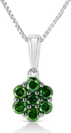House of Brilliance 925 Sterling Silver 1/2 Cttw Prong Set Treated Green Diamond Floral Cluster Pendant Necklace in Silver | Green Diamond at