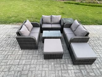 Fimous Wicker PE Rattan Garden Furniture Set 8 Seater Outdoor Lounge Sofa Set with Love Sofa Coffee Table Side Table 2 Big Footstool in Dark Grey
