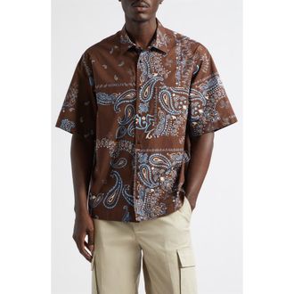 Moncler Bandana Print Short Sleeve Cotton Button-Up Shirt in Parsley Brown/Blue at Nordstrom, Size Xx-Large