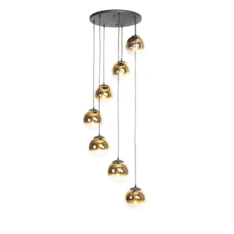 QAZQA Art D&eacute;co L&aacute;mpara Colgante Inteligente Negra Con Cristal Dorado 7 Luces Incl. 7 Wifi A60 - Pallon Vidrio /acero Redonda Adecuado Para Led Max. 7 X 7 Wa