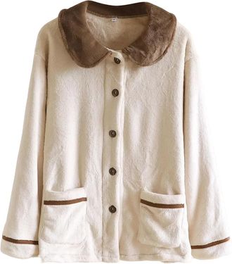 Generic Button Front Flannel Bed Jackets for Women Nightwear Coat Long Sleeve Collared Loungewear Jacket with Pockets Warm Fleece Ladies Housecoats for Cosy S