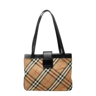 Burberry Beige Black Canvas Leather Tote Bag (Pre-Owned)