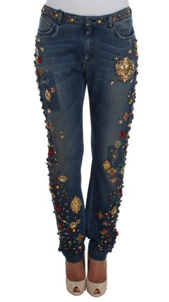 Dolce & Gabbana Vrouwen Kristal Rozen Hart Versierde Jeans