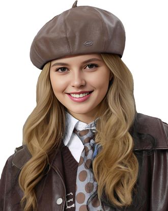 Feoya Womens Faux Leather Beret & Newsboy Hats - Octagonal & Baker Boy Cap - Coffee & Classic Artist Painter Hat - Retro Visor - Autumn Winter