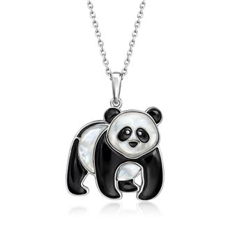Ross-Simons Onyx and Mother-Of-Pearl Panda Pendant Necklace in Sterling Silver
