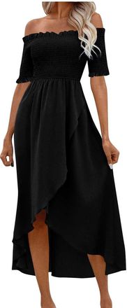 Generic Off The Shoulder Dresses for Women UK Smocked Sexy Cold Shoulder Long Dresses Summer Beach Holiday Casual Flowy Dress Solid Irregular Short Sleeve Loo