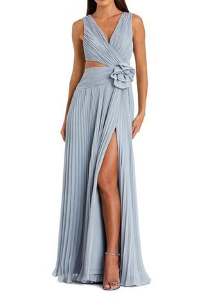 Mac Duggal Pleated Chiffon Cutout Gown with 3D Flower Detail in Slate Blue at Nordstrom, Size 12