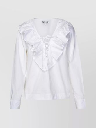 Ganni cotton ruffled v-neck blouse