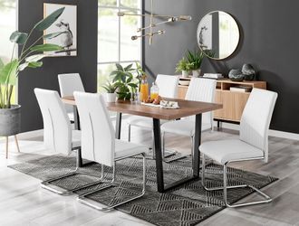Furniturebox Kylo Large Brown Wood Effect Dining Table & 6 Lorenzo Faux Leather Chairs in White