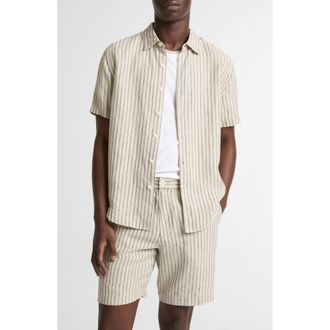 Vince Ballstone Stripe Short Sleeve Hemp Button-Up Shirt in Parchment/Coastal Stripes at Nordstrom, Size Xx-Large