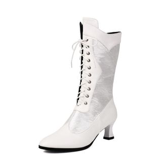 Generic Womens Kitten Heel Mid-Calf Boots Pointed Toe PU Leather Vintage Victorian Boots Lace Up Short Boot with Side Zipper,White,3.5 UK
