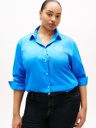 Tommy Hilfiger Hemdbluse TOMMY HILFIGER CURVE CRV COTTON EASY SHIRT, Damen, Gr. 46, mesmerizing blau, Web, Obermaterial: 100% Baumwolle, unifarben, Po-bedeckend, Man