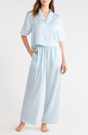 Open Edit Boxy Everyday Satin Pajamas in Blue- Ivory Cosette Floral at Nordstrom, Size X-Large