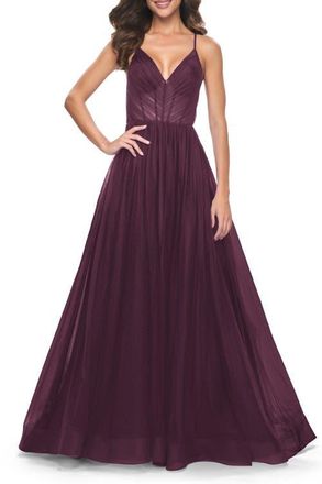 La Femme A-Line Prom Dress with Illusion Ruched Bodice in Dark Berry at Nordstrom, Size 12