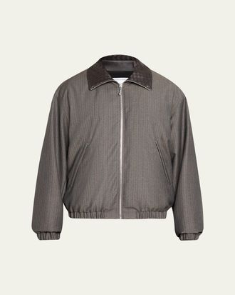 Bottega Veneta Mens Shadow Stripe Intrecciato Leather-Collar Jacket