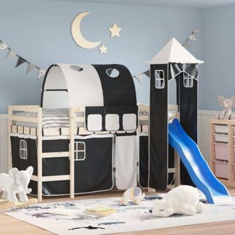 vidaXL Cortinas Para Cama Alta Con T&uacute;nel Y Torre Blanco Y Negro Vidaxl