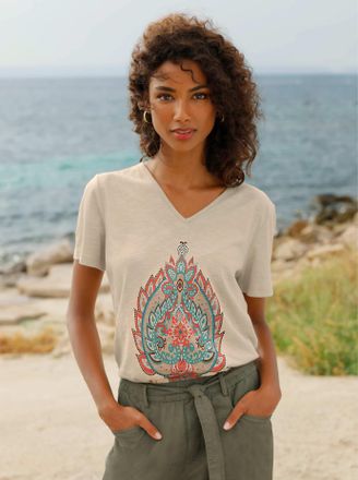 Heine T-Shirt HEINE T-Shirt, Damen, Gr. 34, sand, 100% Baumwolle, bedruckt, gemustert, mehrfarbig, V-Ausschnitt, Shirts T-Shirt