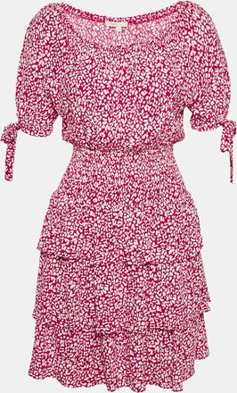 Maje Red Animal Printed Crepe Tiered Off-Shoulder Mini Dress